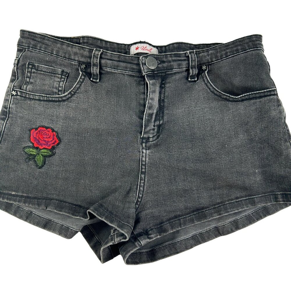 Unik Faded Black Denim Shortie Shorts Womens Size 44 Red Rose Applique Stretch